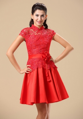 High-neck Red Mother Of The Bride Dress With Sash Lace and Taffeta