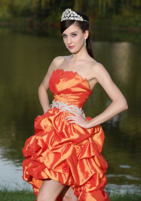 High-Low Orange Red Taffeta Prom Dress With Strapless Lace-up