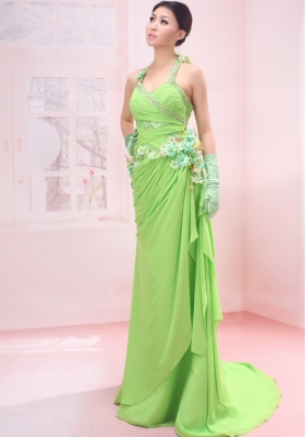 Beaded Decorate Shoulder Lime Green Chiffon Halter Brush/Sweep Empire Prom Dress