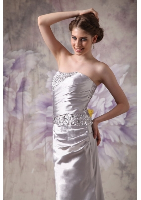 Silver Column Strapless Brush Train Taffeta Beading Prom / Evening Dress