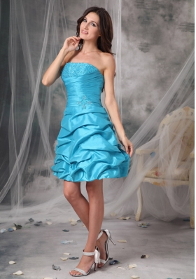 Aqua A-Line / Princess Strapless Mini-length Taffeta Beading Prom Dress