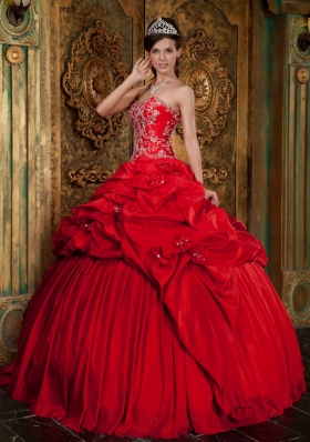 Red Ball Gown Sweetheart Floor-length Taffeta Beading and Appliques Quinceanera Dress