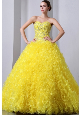 Yellow A-Line / Princess Sweetheart Brush Train  Organza Beading and Ruffles Quinceanea Dress