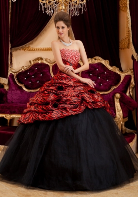 Red and Black Strapless Ball Gown Floor-length Zebra and Tulle Hand Made Flowers Quinceanera Dress