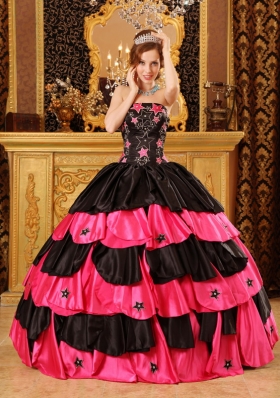 Pink and Black Ball Gown Strapless Floor-length Taffeta Beading Quinceanera Dress