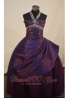 Dark Purple Beaded Decorate Princess Halter Neckline Flower Girl Pageant Dress  Pageant Dresses