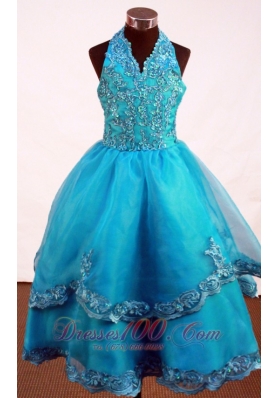 Popular Appliques Decorate Bodice A-line Halter Floor-length Little Girl Pageant Dress  Pageant Dresses