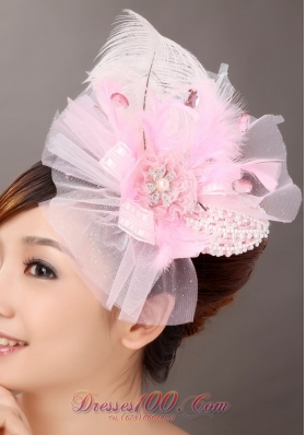 Sweet Pink Tulle Feather Side Clamp Diamond Women’ s Fascinators