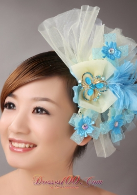 Blue Feather and Light Yellow Net Flower With Beading For Bridal