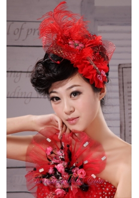 Red Hairpins Birdcage Veils Tulle Feather Outdoor and Special Occasion and Outdoor