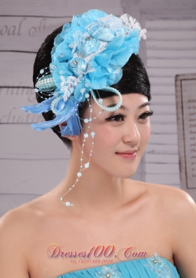 Feather Custom Made Aqua Blue Headpiece With Imitation Pearls and Flowers Decorate