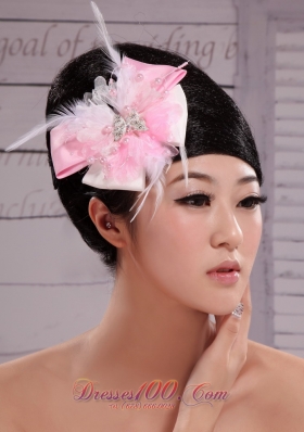 Pink and White Satin Feather With Pearls Flowers For Party