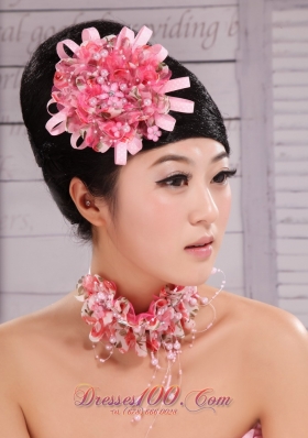 Pink Satin Ribbon and Net Flower With Pearls For Party