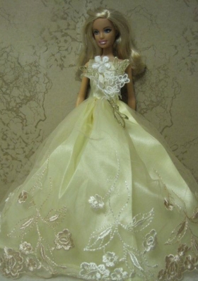 Yellow Green Handmade Dress With Embroidery Gown for Barbie Doll
