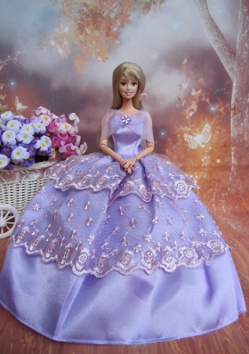 Handmade Dresses Lilac Lace Fashion Party Clothes Gown Skirt For Barbie Doll