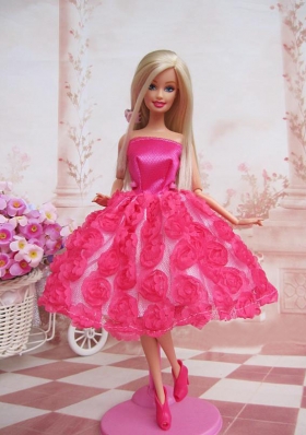 Sweet Ball Gown Hot Pink Hand Made Flowers With Tea-length Made to Fit the Barbie Doll