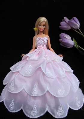 New Ruffled Layeres Baby Pink Handmade Summer Wear Dress Clothes Gown For Barbie Doll