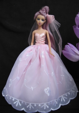 Baby Pink Sweetheart Ball Gown Lace and Ruch  Wedding Dress For Barbie Doll