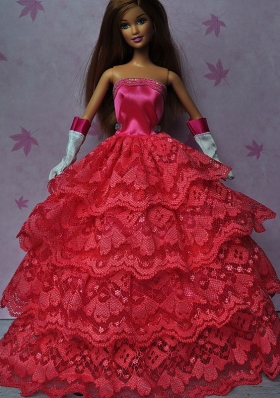 Pretty Red Gown With Ruffled Layers Dress For Barbie Doll