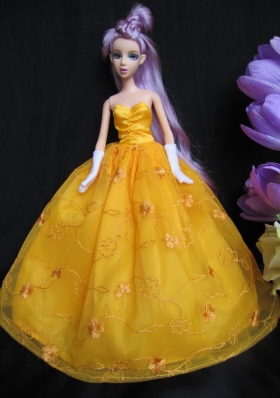 Embroidery Taffeta and Organza Yellow Ball Gown Barbie Doll Dress