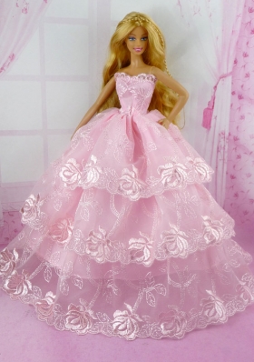 Pretty Pink Princess With Embroidery and Ruffled Layers Gown For Barbie Doll
