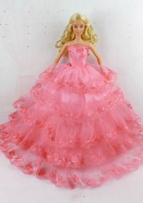 Elegant Handmade Gown With Ruffled Layers and Embroidery Made To Fit the Barbie Doll