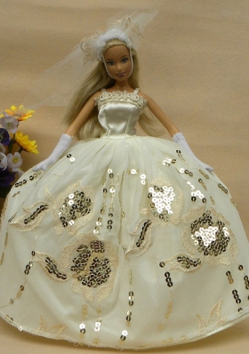 Romantic Champagne Straps Ball Gown Appliques Wedding Dress For Barbie Doll