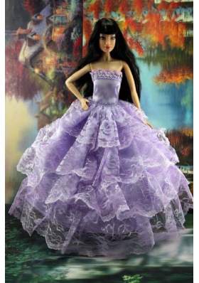Gorgeous Lilac Gown With Ruffled Layers Lace For Barbie Doll