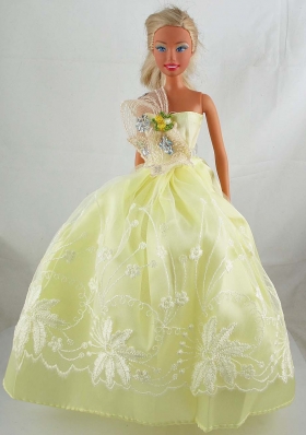 Yellow Green Beautiful Gown With Embroidery Dress For Barbie Doll