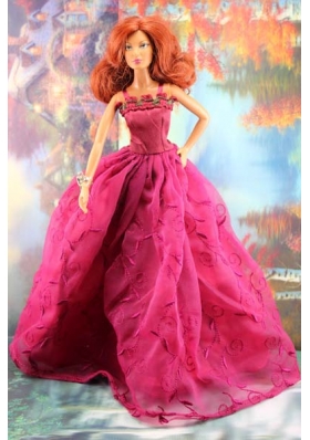 Lovely Embroidery For Hot Pink Barbie Doll Dress