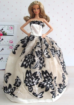 Sweet Gown With Amazing Champagne Lace Wedding Dress For Barbie Doll