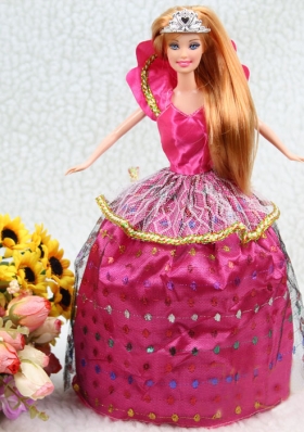Elegant Hot Pink Taffeta Ball Gown Party Clothes Embroidery Dress For Nobel Barbie