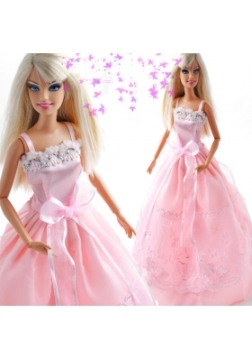 Bowknot Embroidery Princess Pink Barbie Doll Dress