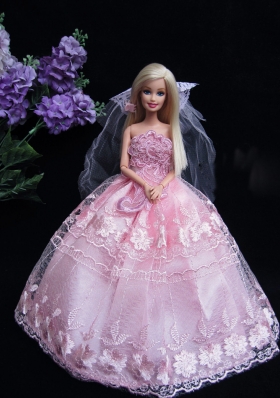 Romantic Baby Pink Strapless Lace Fashion Wedding Dress for Noble Barbie