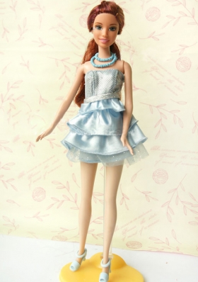 Light Blue Short Party Dress For Noble Barbie With Sequin and Ruffles