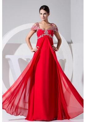 Beading Decorate Bodice Red Chiffon Straps 2013 Prom Dress Floor-length