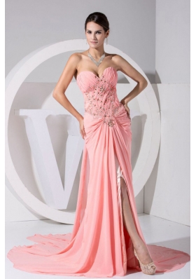 High Slit Pink Chiffon Sweetheart Beading and Ruch Brush Train 2013 Prom Dress