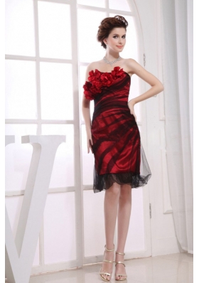 One Shoulder Column Tulle Hand Made Flowers Knee-length Red Prom Dress