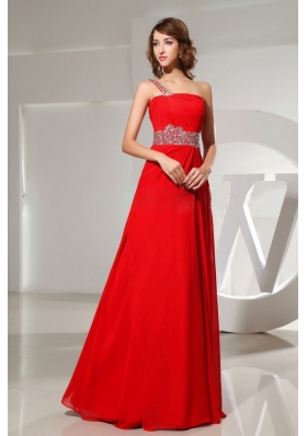 Beaded Decorate One Shoulder and Waist Red Prom Dresss