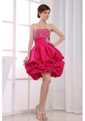 Beading Mini-length A-Line Strapless Taffeta Prom Dresss Hot Pink