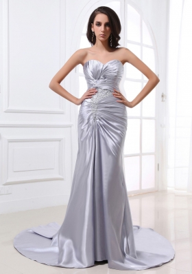 Silver Custom Made Prom Dress With Ruched Bodice Beading and Elastic Woven Satin