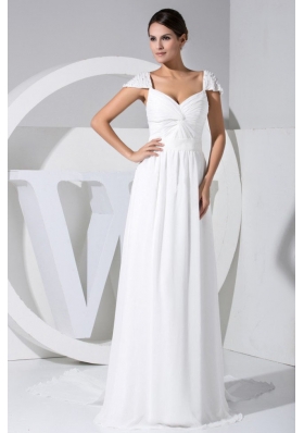 Elegant Beading Decorate Cap Sleeves V-neck White Chiffon Watteau Train 2013 Wedding Dress