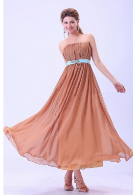 Custom Made For Rust Red Bridesmaid Dresses With Blue Belt and Ruching Chiffon Ankle-length