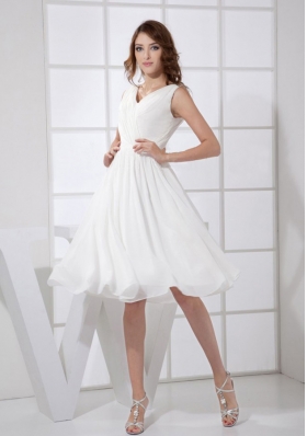 V-neck White Chiffon Knee-length Empire 2013 Prom Dress