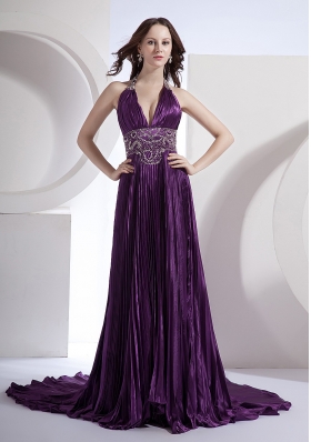 Beading Decorate Bodice Halter A-line Elastic Woven Satin Brush Train 2013 Prom Dress