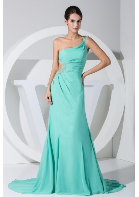 Beading Decorate Bodice One Shoulder Turquoise Chiffon Brush Train Prom Dress For 2013