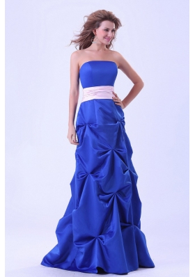 Blue Custom Made Bridesmaid Dresses Wth Pink Sash and Pick-ups Floor-length