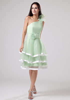 Sweet Apple Green Ruffled Layeres 2013 Prom Dress One Shoulder Hand Made Flowers and Sash