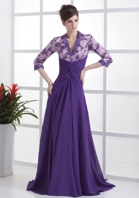 Lace With Beading Decorate Up Bodice V-neck 3/ 4 Sleeves Purple Brush Train 2013 Mother of the Bride Dress
