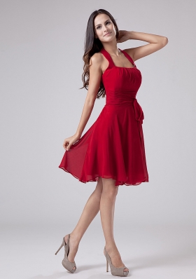 Red Halter Chiffon Knee-length A-Line Prom Dress Party